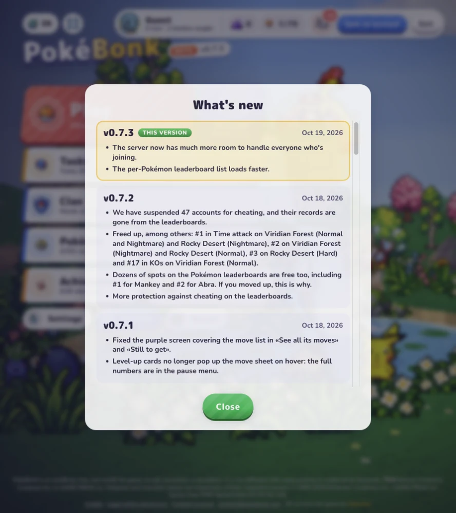 The PokeBonk What’s new panel listing the v0.7.3, v0.7.2 and v0.7.1 changes