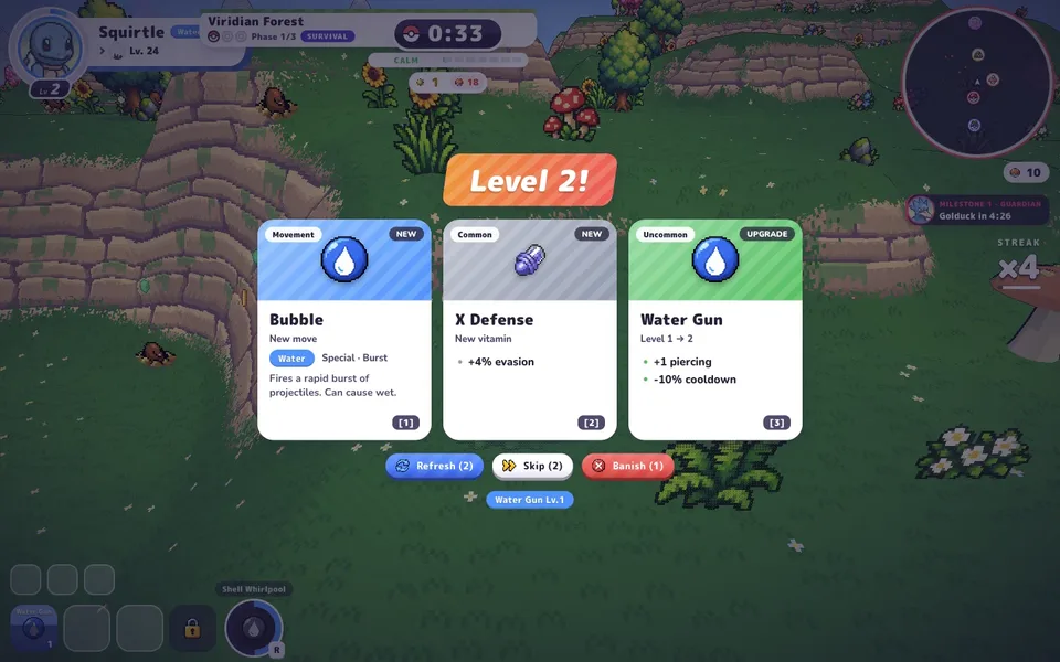 A level-up screen offering Bubble, X Defense and a Water Gun upgrade